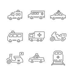 Line Icons Medical Ambulance car and train set icons