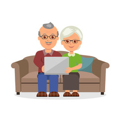 Social concept elderly couple web surfing on internet with laptop. Cartoon cheerful pension couple sitting on the couch with a laptop in a flat style.