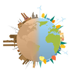 Naklejka premium Clean And Polluted Earth Planet Globe
