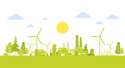 Green Silhouette City With Wind Turbine Clean Nature Ecology Environment Concept