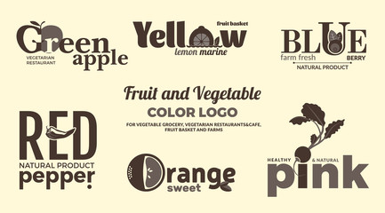 Set of monochrome logos on the theme of fruits and vegetables. For vegetable shops, vegetarian restaurants and cafes, delivery of fruit and vegetable farms. Vector Illustration.