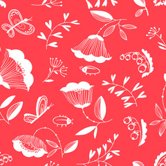 doodle decorative seamless background with flowers, bugs and but