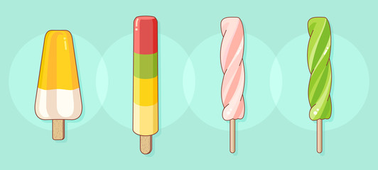 Set of colorful tasty isolated ice cream at a turquoise background. Several types of multi-colored fruit juice on wooden sticks. Vector Illustration.