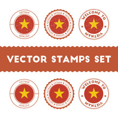 Fototapeta na wymiar Vietnamese flag rubber stamps set. National flags grunge stamps. Country round badges collection.