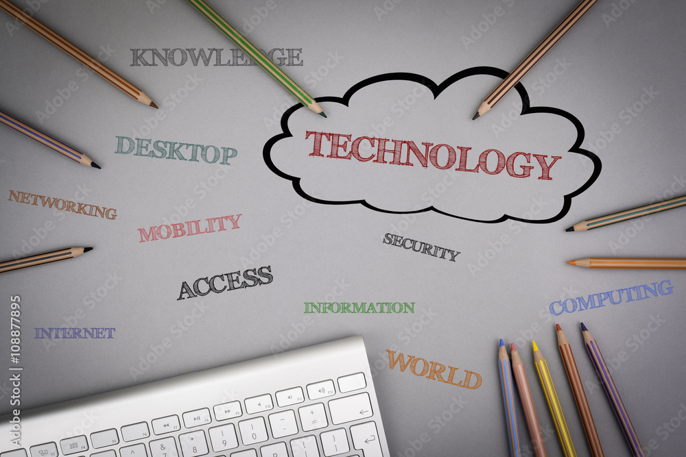 Sticker technology word cloud. colored pencils and a computer keyboard o