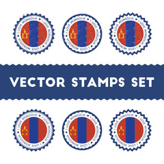 I Love Mongolia vector stamps set. Retro patriotic country flag badges. National flags vintage round signs.