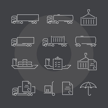 Logistics thin line icons set on dark background. Exceptional elegant linear logo concept. 
Exclusive outline sign vector illustration.