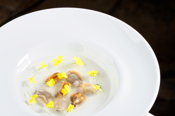 Fine dining soup with mussels