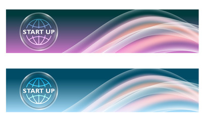 Set of two banners with colored rainbow and start up icon