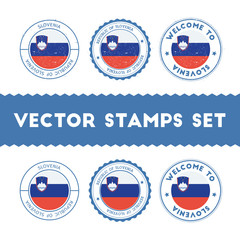 Slovene flag rubber stamps set. National flags grunge stamps. Country round badges collection.