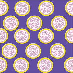 Pink lemon slices seamless on purple background with clipping ma