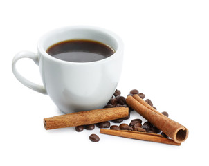 coffee, cinnamon and coffee beans isolated on white background