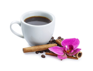 Coffee and orchid isolated on a white background
