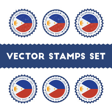 I Love Philippines vector stamps set. Retro patriotic country flag badges. National flags vintage round signs.