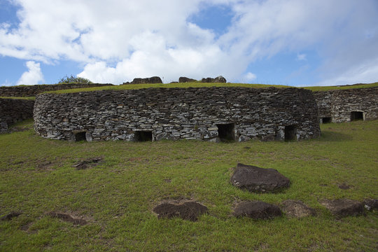 Historic village of Orongo, located on the rim of the extinct volcano Rano Kau on Easter Island.