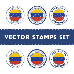 Venezuelan flag rubber stamps set. National flags grunge stamps. Country round badges collection.