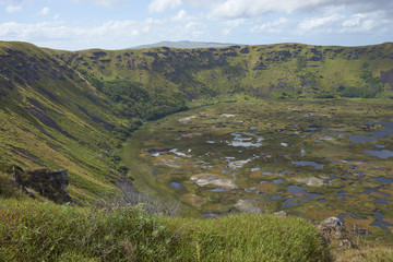 Caldera of the extinct volcano Rano Kau within the UNESCO World Heritage Site of Rapa Nui National Park on Easter Island.
