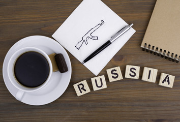 Text: Russia from wooden letters on awooden table