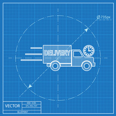 delivery truck with clock icon. Blueprint style