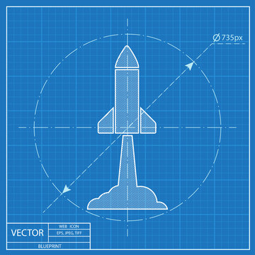 Starting Rocket Vector Icon. Blueprint Style