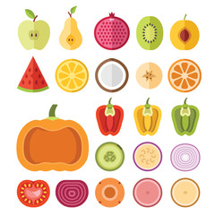 Fruits and vegetables slices set. Flat vector slices icons set