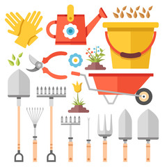 Gardening work tools flat icons set. Flat vector illustration