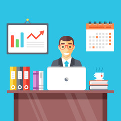 Smiling man at work in office. Flat vector illustration