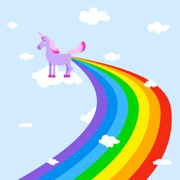 Fototapeta Unicorn pooping rainbows. Fantastic animal in sky. White clouds.