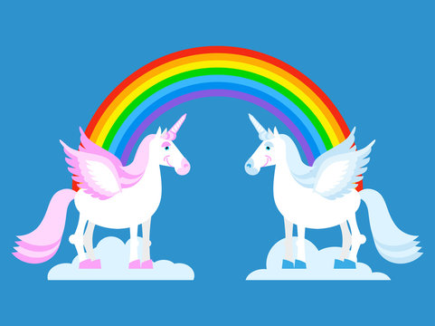 Unicorn and Rainbow. Two cute fantasy creatures in clouds. Fabul