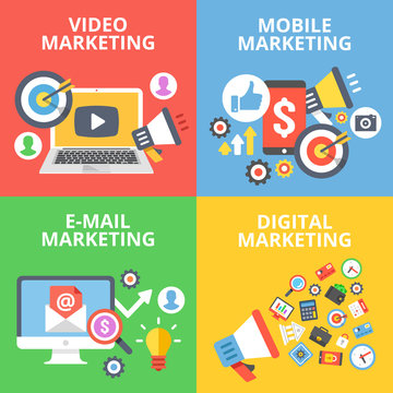 Video marketing, mobile marketing, e-mail marketing, digital marketing flat illustration concepts set