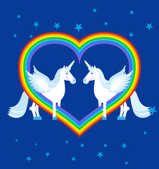 Two blue unicorn and rainbow in heart shape. Fantastic animals o