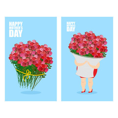 Mothers Day greeting card set. Woman and basket of flowers. Holi