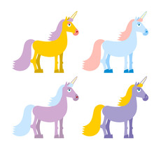 Set of colored unicorn. Pink fantasy beast. Blue fairy creature