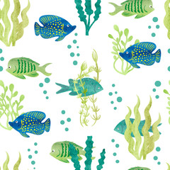 Watercolor fish seamless pattern. Tropical fish and seaweeds on white background. Vector. 