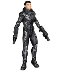 Science fiction illustration of an Asian male future soldier in protective armoured space suit, standing holding pistols, 3d digitally rendered illustration