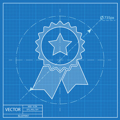 Vector badge with ribbons and stars icon on blue background, vector illustration