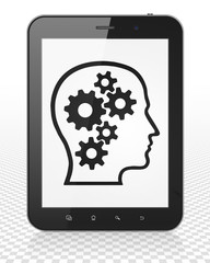 Business concept: Tablet Pc Computer with Head With Gears on display