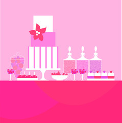 Wedding dessert bar with cake. Birthday sweet table. Candy Buffet. Pink colours. Vector illustration.