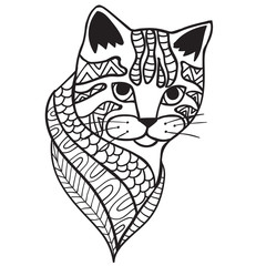 Cat Black and white doodle print with ethnic patterns. 