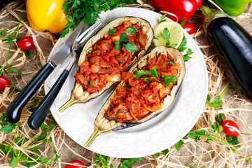 Cooked Eggplant and stuffed with vegetables