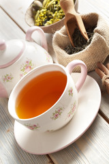 Cup of tea, teapot and tea leaves