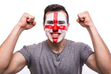goal scream emotions of Englishman football fan in game support of England national team on white background. European football fans concept.