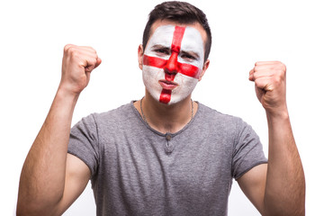 goal scream emotions of Englishman football fan in game support of England national team on white background. European football fans concept.