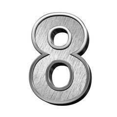 One digit from brushed stainless steel alphabet set, isolated on white. 3D illustration.