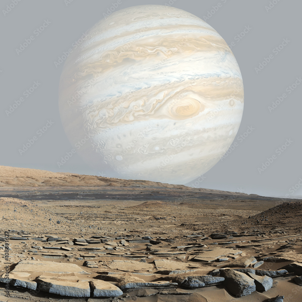Poster mars surface with jupiter view. elements of this image furnished by nasa