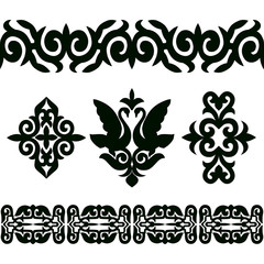 Vector set of seamless patterns tape and elements in ethnic national style of Kazakhstan, Asia.