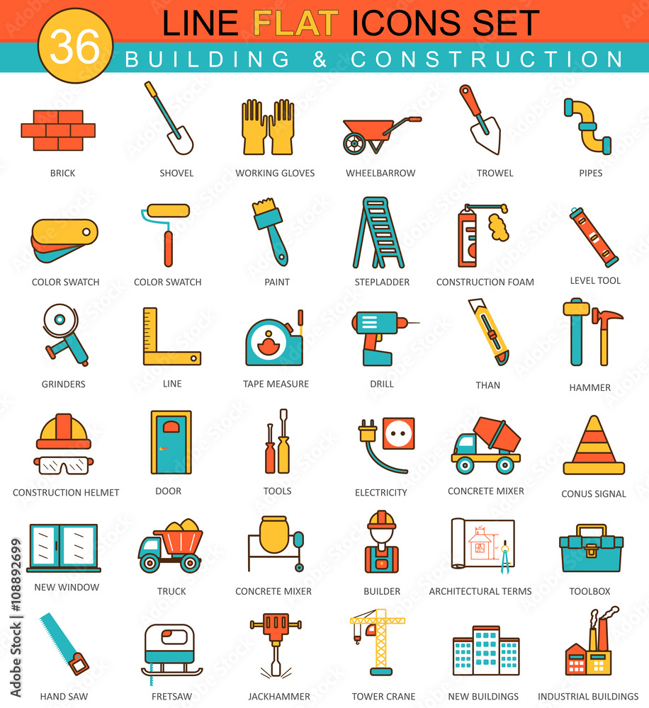 Poster vector construction and building tools flat line icon set. modern elegant style design for web.