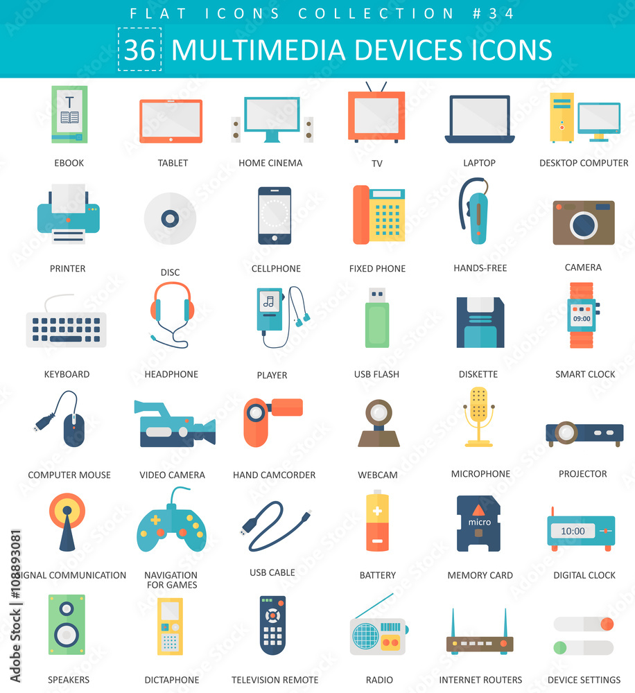 Poster vector multimedia devices flat icon set. elegant style design.
