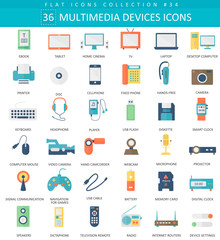 Vector Multimedia devices flat icon set. Elegant style design.