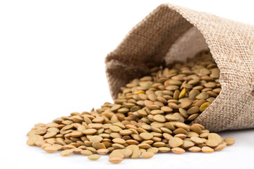 French green lentils in sack